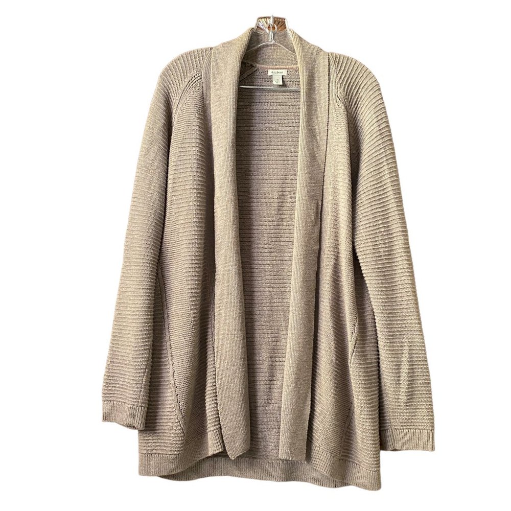 L.L. Bean Womens Knit Open Front Cardigan 100% Cotton Taupe Neutral Minimalist